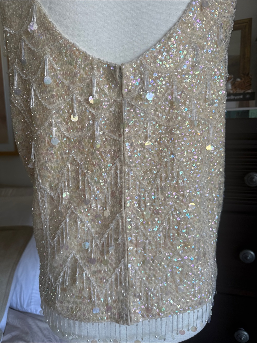 Vintage Handmade Haute Couture Beaded Ivory Sequin Top 100% Wool Size 36 - Picture 7 of 15